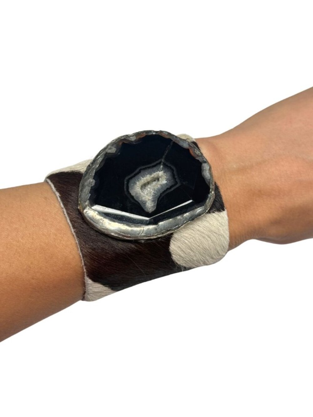 Boho Western Hair-On-Cowhide Cuff Bracelet with Large Agate Slice